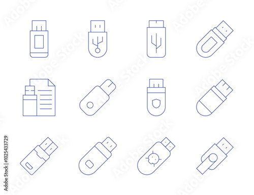 Usb flash drive icons. Thin Line style, editable stroke. USB drive troubleshooting, USB drive speed, USB drive compatibility