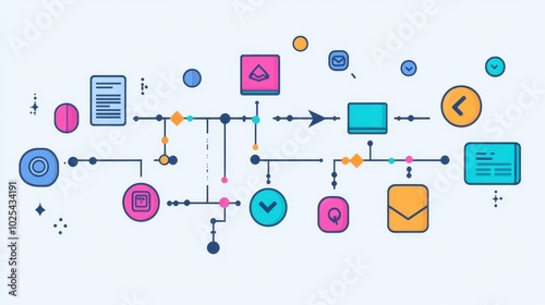 Colorful Flowchart with Geometric Icons and Connected Nodes