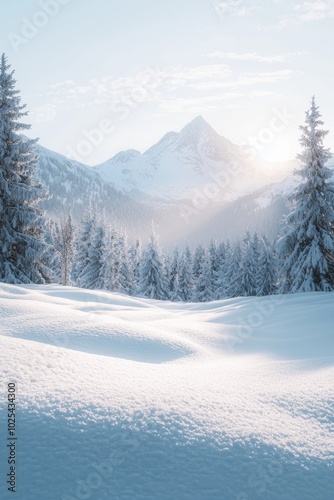 Serene Snowy Mountain Landscape at Sunrise