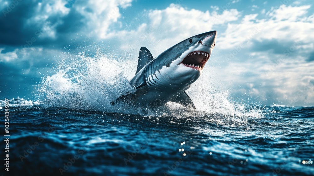 Fototapeta premium Majestic Great White Shark Breaching Ocean Surface