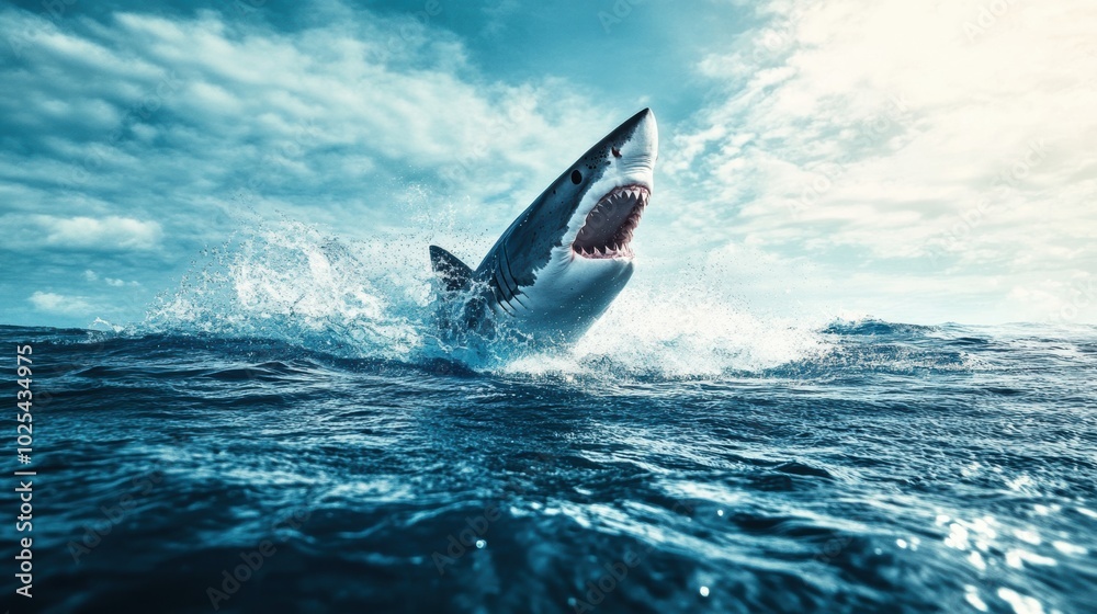 Fototapeta premium Majestic Shark Breaching Ocean Surface at Sunrise