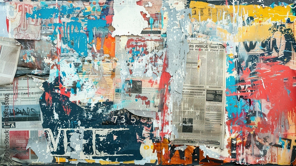 Fototapeta premium Collaged Magazine Cutouts Against Colorful Grunge Textures