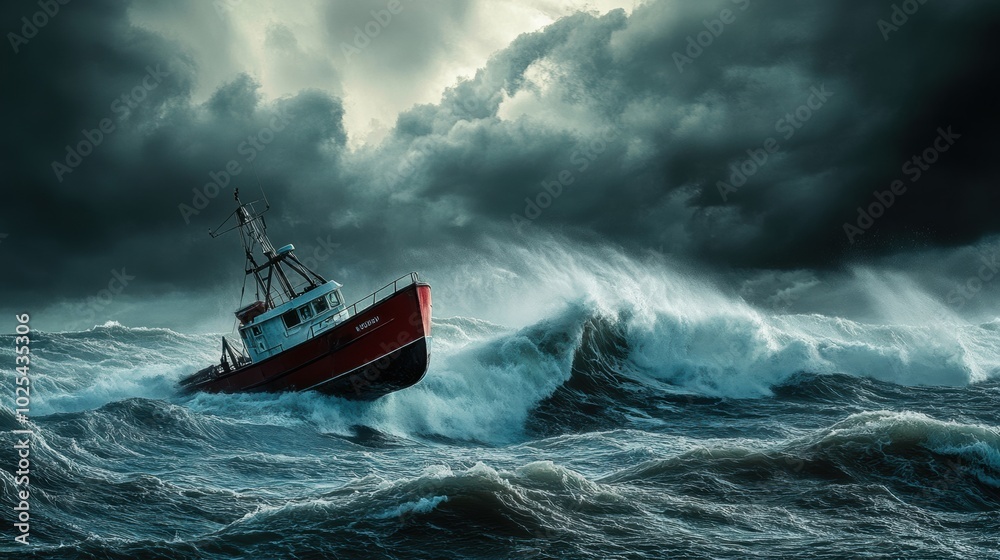Naklejka premium Struggling Boat in Stormy Ocean Waves