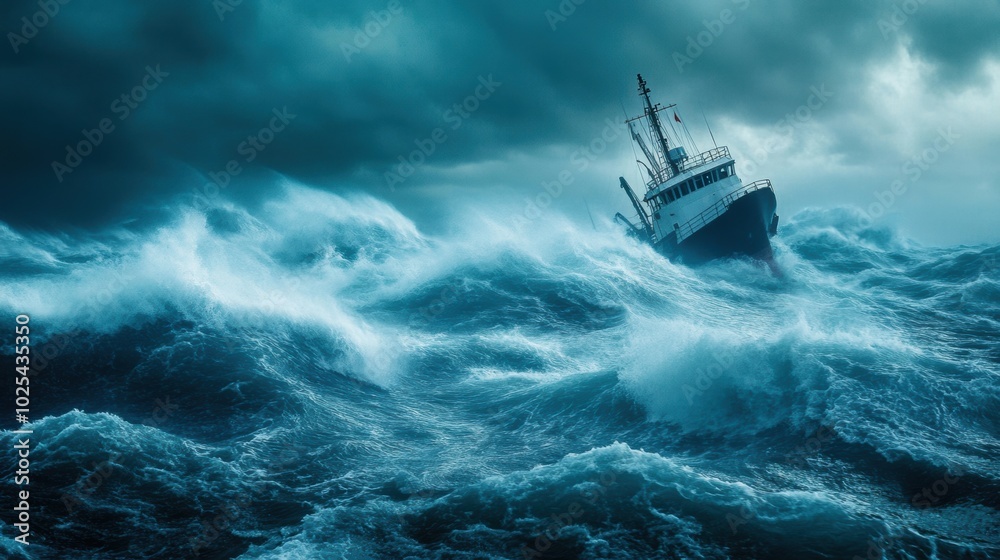 Stormy Sea with Struggling Ship in Turbulent Waters Stormy Sea with Struggling Ship in Turbulent Waters