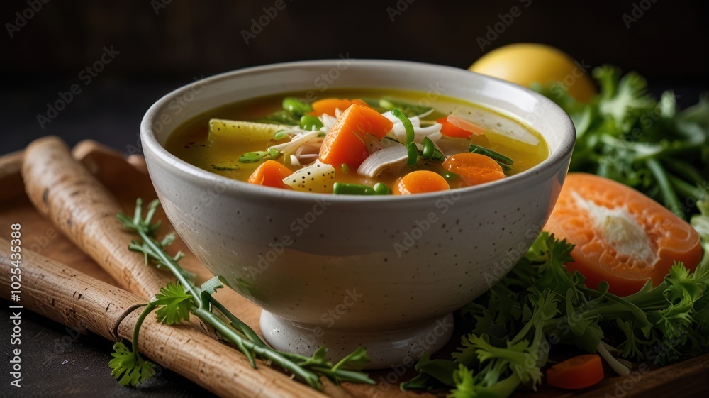 A bowl of homemade chicken noodle soup with carrots, peas, and celery. A bowl of homemade chicken noodle soup with carrots, peas, and celery.