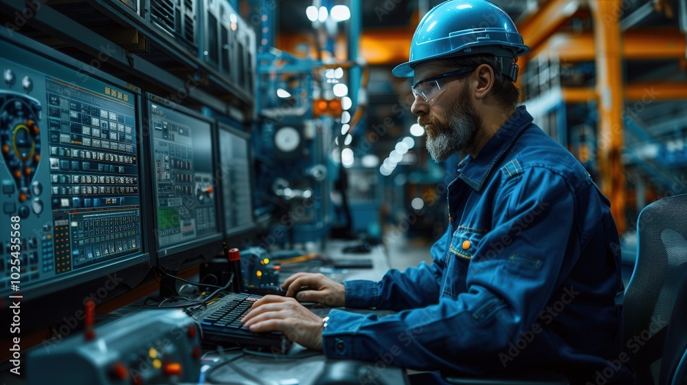 Industrial Worker Using Computer in Modern Factory Industrial Worker Using Computer in Modern Factory