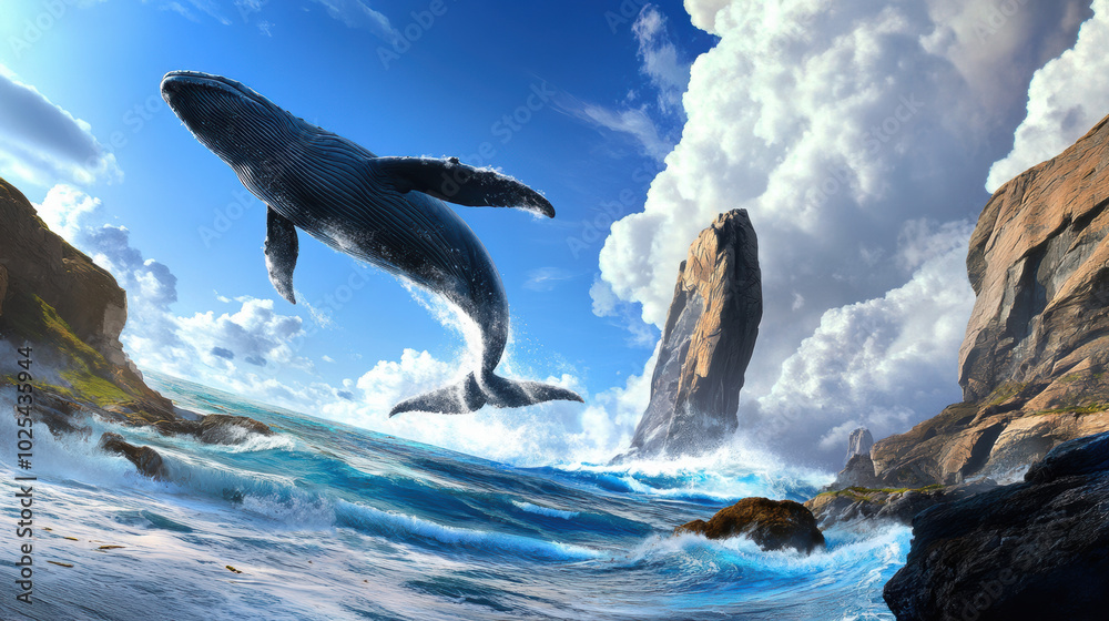 Obraz premium Majestic Whale Breaching in Vibrant Seascape