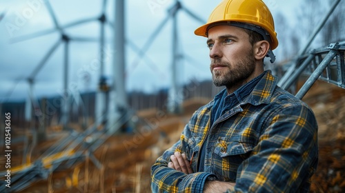 Worker at Wind Farm with Yellow Hard Hat