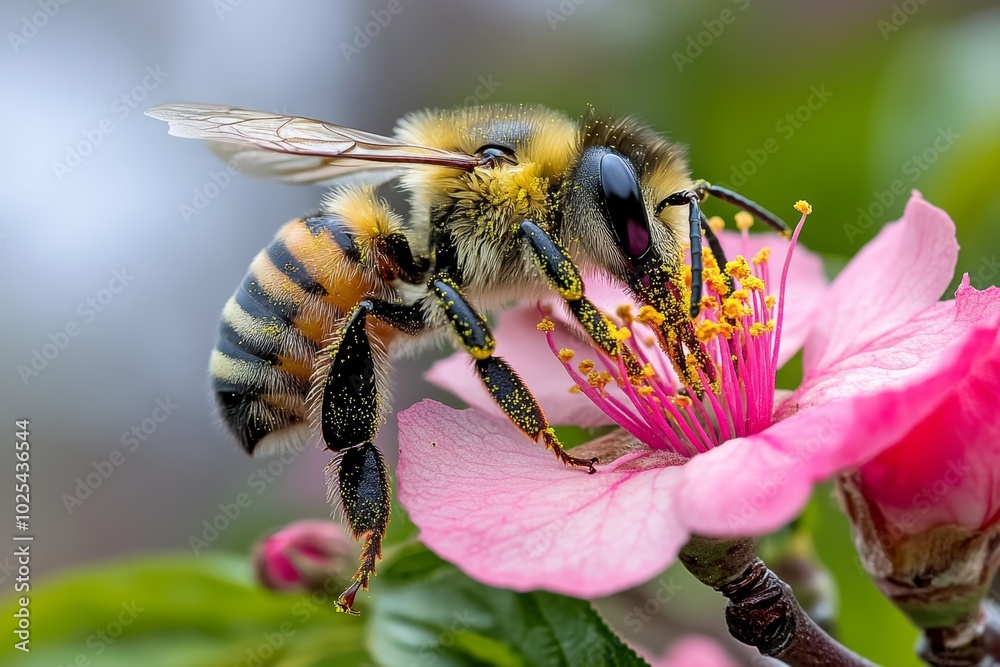 Bee gathering pollen from a peach blossom, while a bumblebee buzzes nearby, the orchard alive with activity and the promise of fruit to come Bee gathering pollen from a peach blossom, while a bumblebee buzzes nearby, the orchard alive with activity and the promise of fruit to come