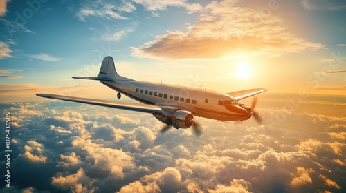 A classic propeller airplane flies through a cloudy sky at sunset.