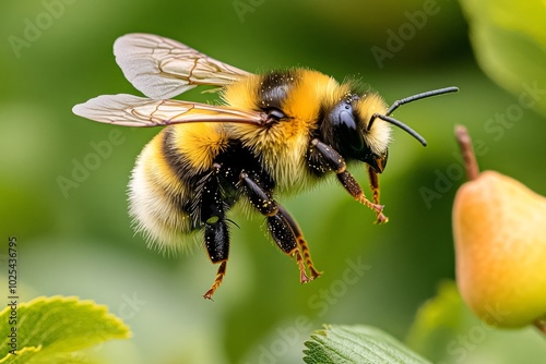 Bumblebee flying between rows of pear trees, its fuzzy body darting from one flower to the next in the warm spring air