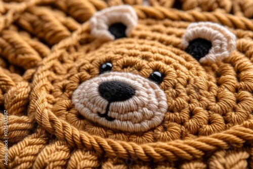 Close-up of a crochet animal dollâ€™s fur, with detailed stitching and lifelike texture capturing the soft, plush feel of the yarn photo