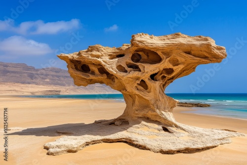 Natural rock formations in a desert landscape, carved by wind and time, displaying the power of erosion photo