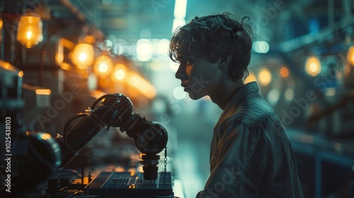 Young Worker in Industrial Setting with Vintage Lights