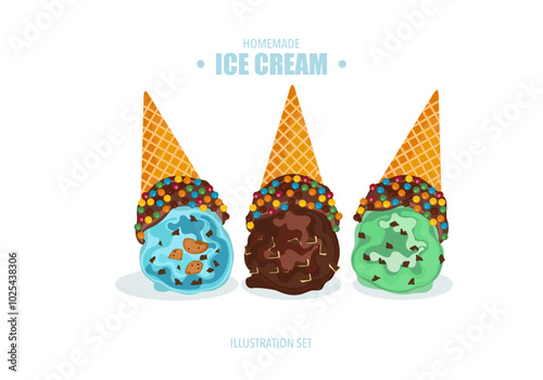 Vector illustration set of gelato ice cream Assorted colors in chocolate waffle cones: Mint chocolate, milk, various flavors and toppings, bakery, cold dessert, and ice cream isolated illustration.
