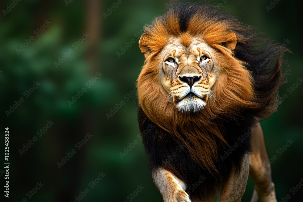 Naklejka premium Detailed shot of a lionâ€™s mane blowing in the wind, with every strand of hair visible, creating a lifelike portrayal of the animalâ€™s strength and beauty