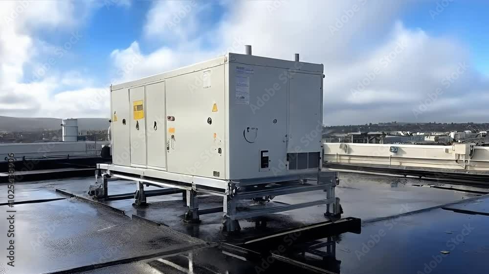 A white industrial air conditioning unit sits on a flat rooftop with a blue sky and puffy clouds. The unit has a metal frame and is sitting on a black, flat roof.