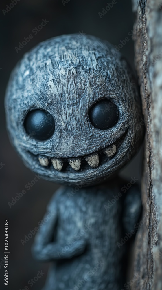 Grinning, eerie wooden doll figure with textured skin and dark, hollow eyes, leaning against a tree in a spooky, unsettling atmosphere Grinning, eerie wooden doll figure with textured skin and dark, hollow eyes, leaning against a tree in a spooky, unsettling atmosphere