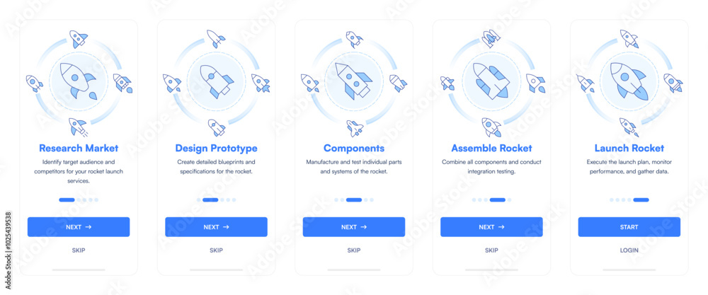 Rocket Onboarding Screen Mobile Application. Research Market, Design Prototype, Develop Components, Assemble Rocket, Launch Rocket Rocket Onboarding Screen Mobile Application. Research Market, Design Prototype, Develop Components, Assemble Rocket, Launch Rocket