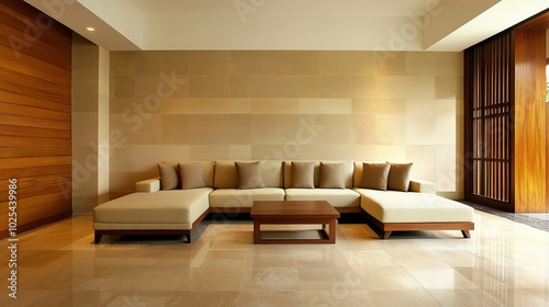 Modern minimalist living room with beige sectional sofa, wooden coffee table, and neutral-toned wall paneling in a warm, inviting atmosphere