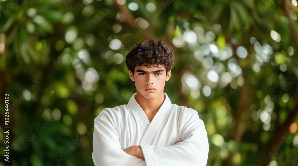 Portrait of a young martial artist wearing a white uniform, standing outdoors with a focused expression and arms crossed, surrounded by lush green foliage in a natural setting Portrait of a young martial artist wearing a white uniform, standing outdoors with a focused expression and arms crossed, surrounded by lush green foliage in a natural setting