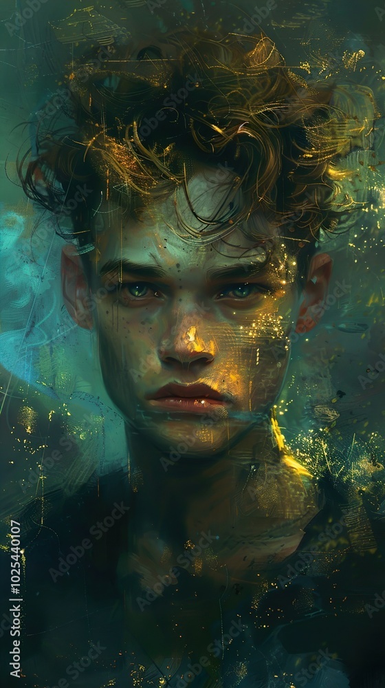 Intense Portrait of a Man with Glowing Gold and Green Hues Intense Portrait of a Man with Glowing Gold and Green Hues
