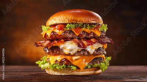 Stacked burger with layers of melted cheese, bacon, and lettuce, photographed with vibrant lighting and a focus on each layer s texture, 3D illustration photo