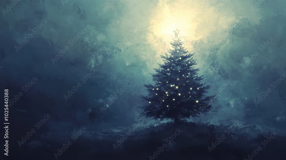 A lone, decorated Christmas tree stands tall against a foggy, blue sky. A lone, decorated Christmas tree stands tall against a foggy, blue sky.
