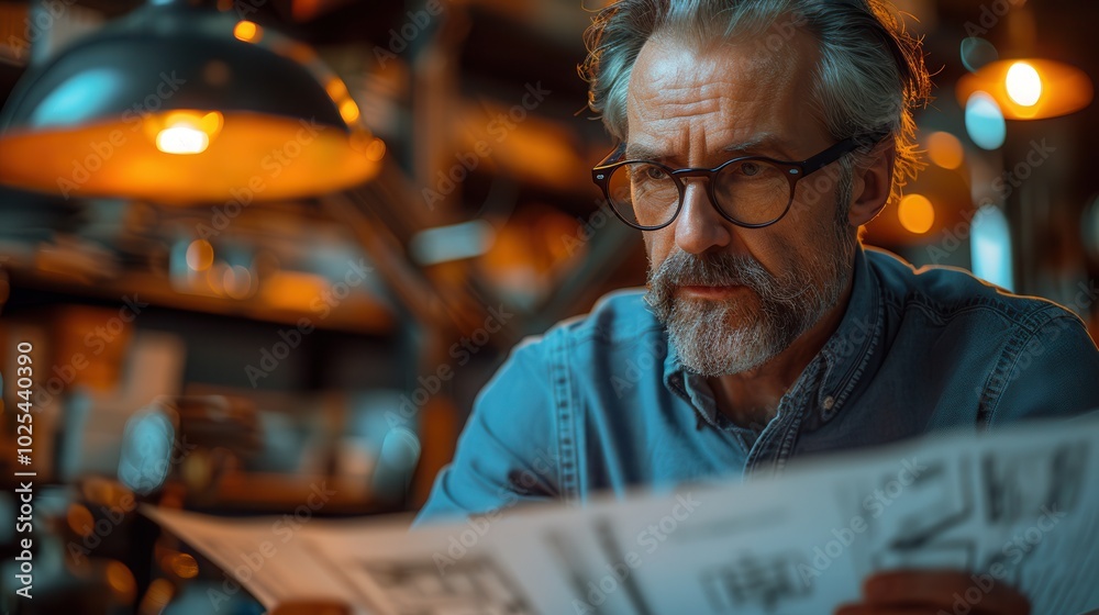 Focused Man Reading Blueprint in Cozy Workshop Focused Man Reading Blueprint in Cozy Workshop