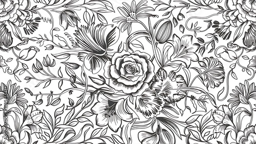 Vector Seamless Monochrome Floral Pattern. Hand Drawn Floral Texture, Decorative Flowers, Coloring Book