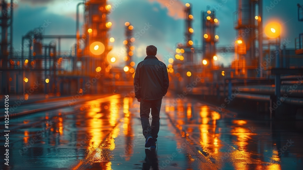 Industrial Night Scene with Man Walking Alone