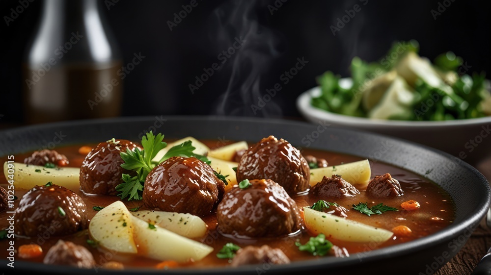 A close-up of a bowl of steaming hot meatball stew with potatoes and parsley garnish.