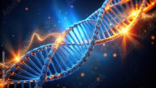 Futuristic glowing DNA helix in blue and orange light at a tilted angle