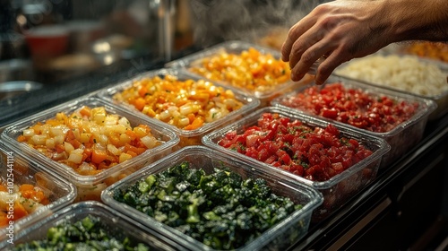 Vibrant Selection of Freshly Prepared Diced Vegetables Displayed in Plastic Trays photo