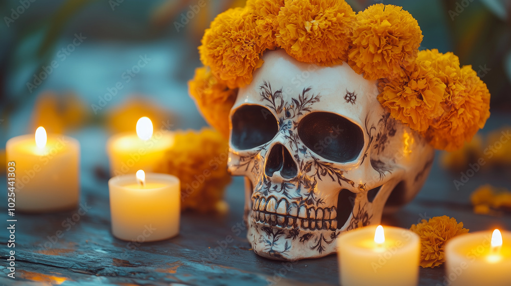 Candles Illuminate Dia de los Muertos Skull with Marigold Floral Crown Candles Illuminate Dia de los Muertos Skull with Marigold Floral Crown