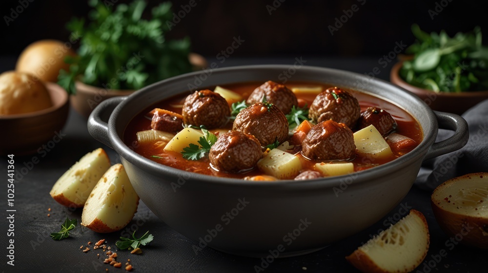 A hearty bowl of meatballs and potatoes stew with parsley garnish.