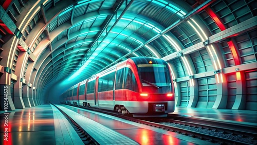 Futuristic high-speed train with teal and red lights speeding through a tunnel photo