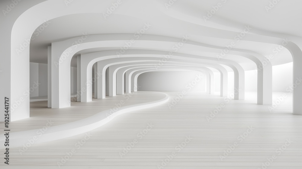 Fototapeta premium Modern minimalist white architectural space with flowing curved arches and soft natural lighting, creating a serene and futuristic atmosphere in an open interior design concept