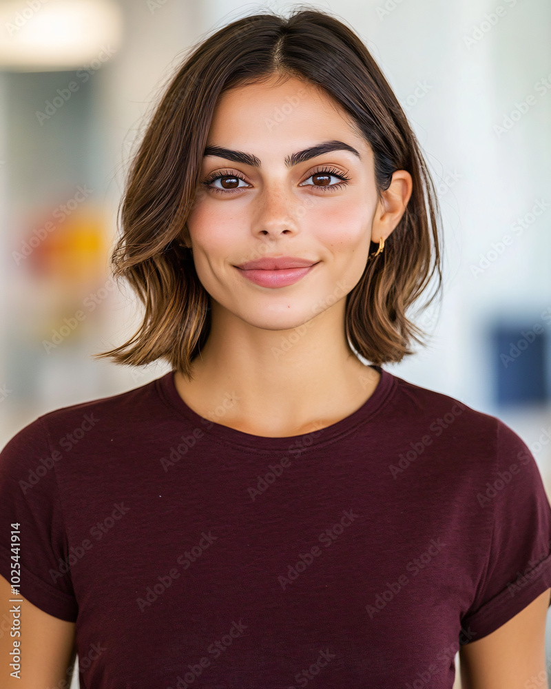 a young latina hispanic woman, wearing a dark maroon t-shirt, in an office setup a young latina hispanic woman, wearing a dark maroon t-shirt, in an office setup