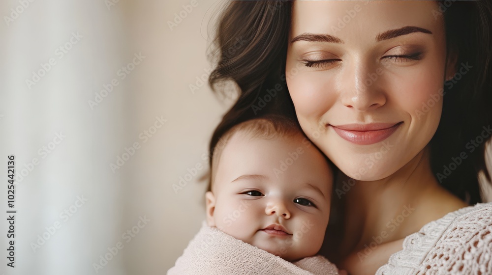 Close-up of a mother breastfeeding her newborn with a gentle smile on her face. Close-up of a mother breastfeeding her newborn with a gentle smile on her face.