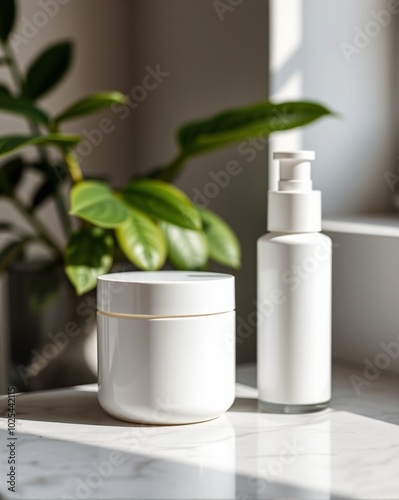 Realistic blank cosmetic product mockup with jar and bottle on marble, soft light, blurred plant.