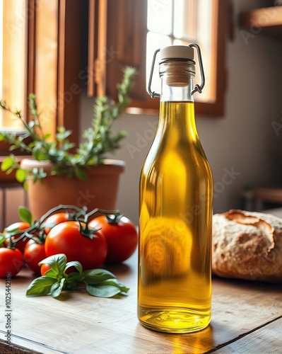 there is a bottle of olive oil on a table with tomatoes.