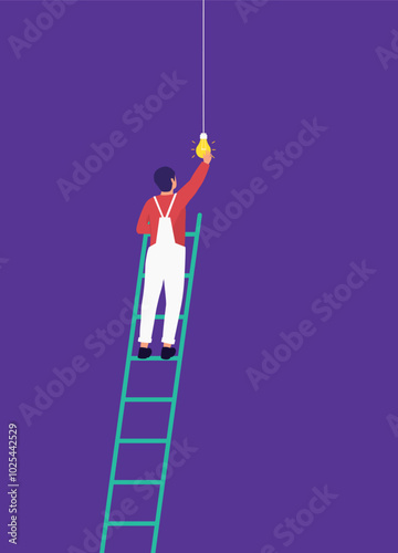 Back View Of A Technician Standing On Ladder Fixing A Hanging Lightbulb.