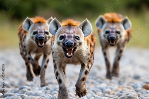 Hyenas laughing and chasing each other in their rocky habitat, their eerie cackling filling the air as they engage in playful competition