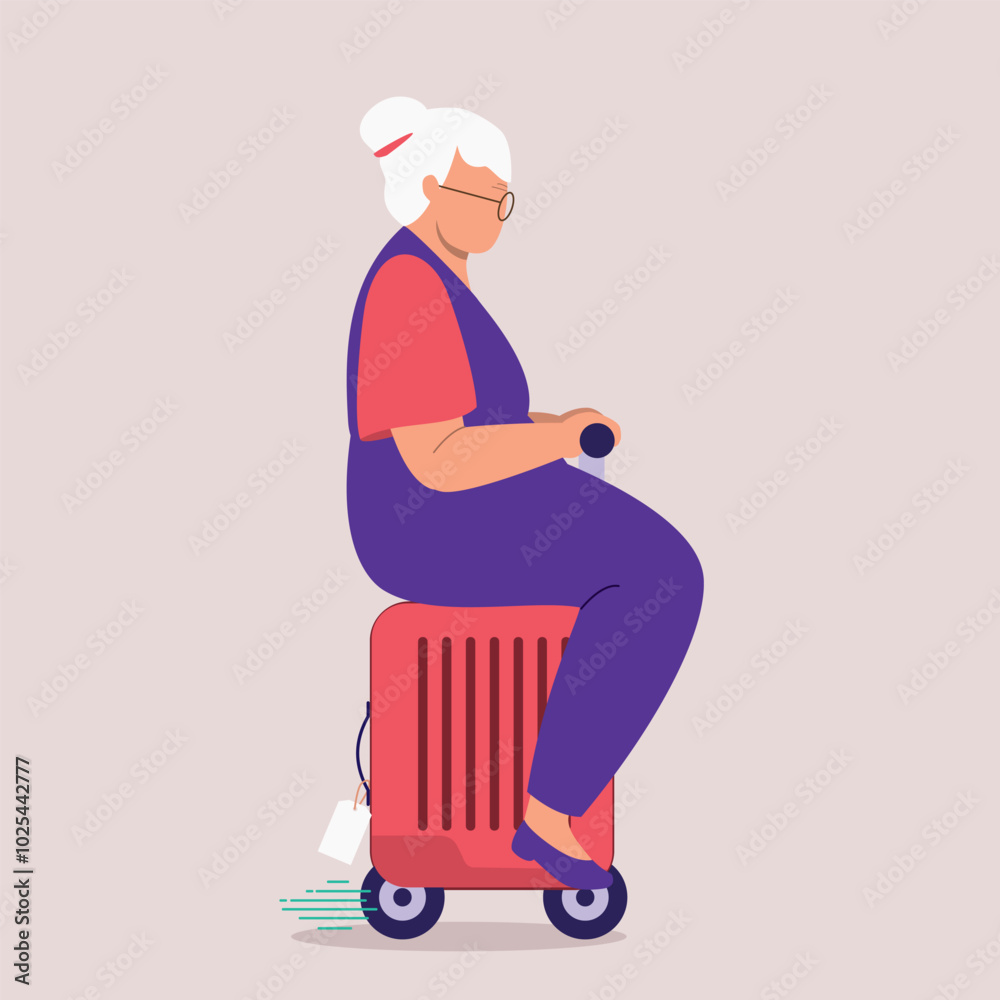 Side View Of One Elderly Woman Riding On An Electric Suitcase Scooter. Side View Of One Elderly Woman Riding On An Electric Suitcase Scooter.