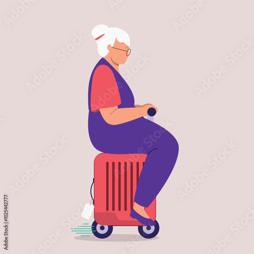 Side View Of One Elderly Woman Riding On An Electric Suitcase Scooter.