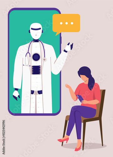 AI Health Doctor Robot Answering Medical Questions From A Woman With Cellphone During An Online Therapy Session.