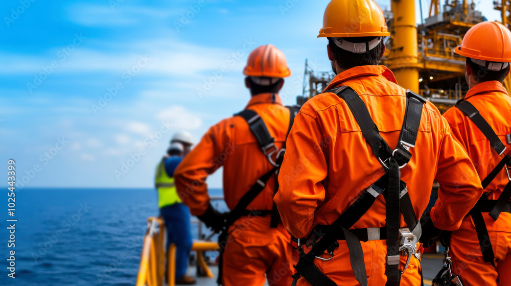 Offshore technicians in orange safety gear observe ocean from platform, showcasing teamwork and vigilance in marine environment Offshore technicians in orange safety gear observe ocean from platform, showcasing teamwork and vigilance in marine environment