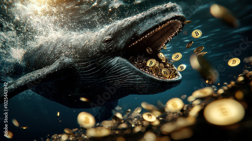 giant whale emerges from ocean, its mouth open wide as it releases cascade of shimmering coins, symbolizing wealth and abundance. scene captures surreal blend of nature and finance, evoking sense of