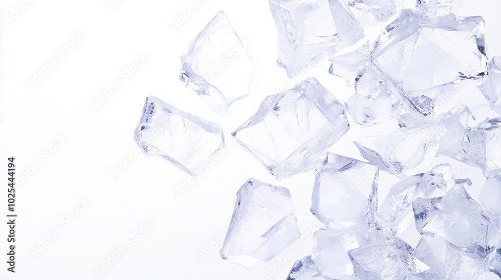 A collection of shattered ice cubes scattered across a white background. A collection of shattered ice cubes scattered across a white background.